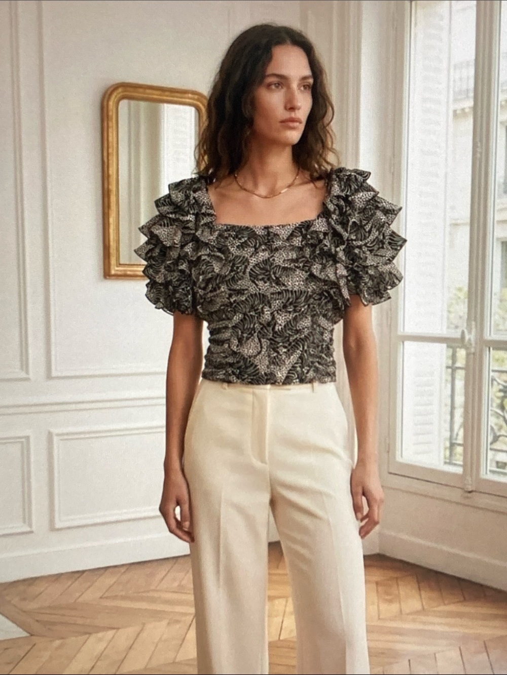 Ruffled Puff-Sleeve Square-Neck Top in Black & White